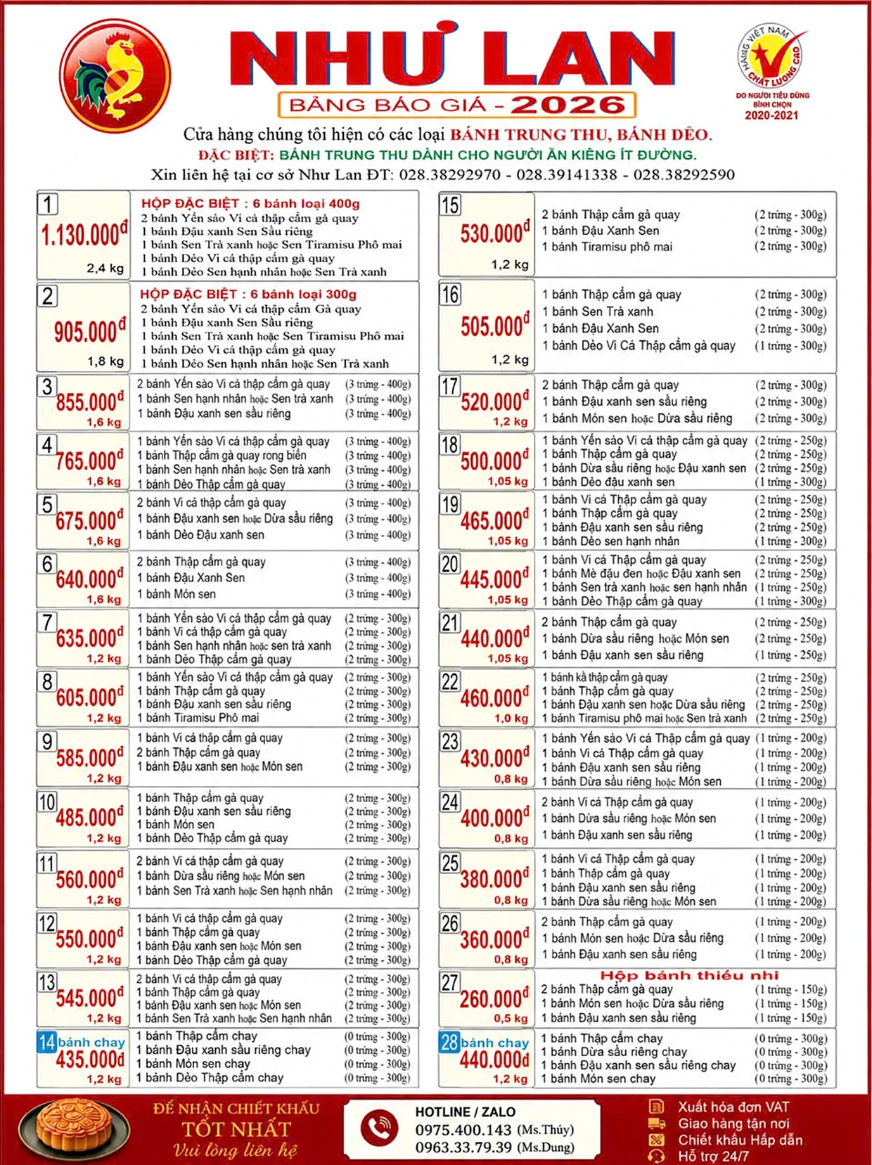 Bảng giá bánh trung thu Như Lan 2026 – trang 2/2
